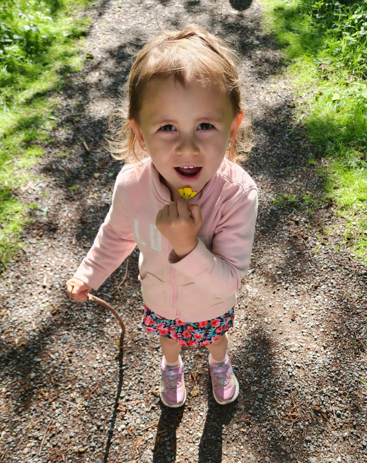 A child holding a yellow wildflower outdoors